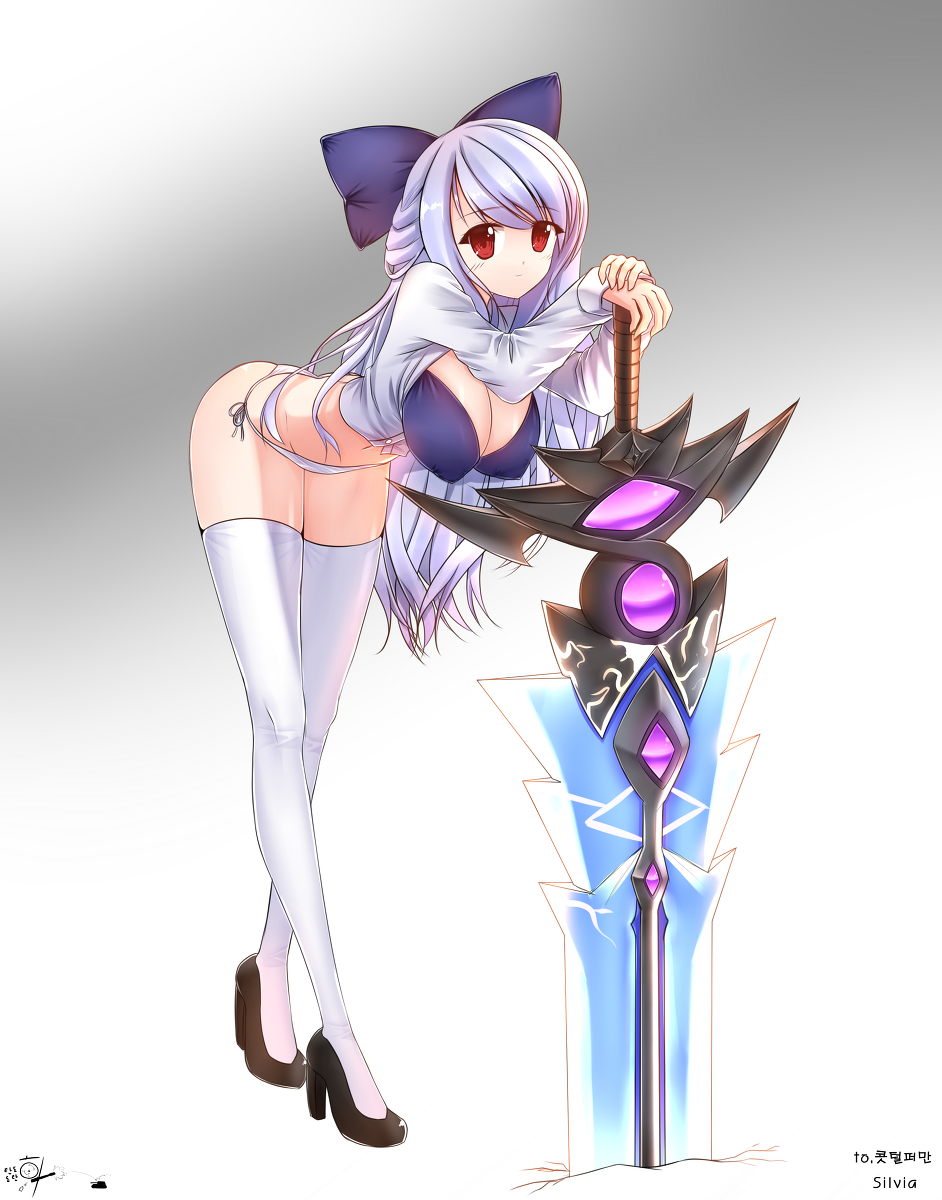 1girl breasts character_request cleavage female high_heels large_breasts legs looking_at_viewer pixiv_manga_sample red_eyes resized silver_hair smile solo sword tandozzing weapon