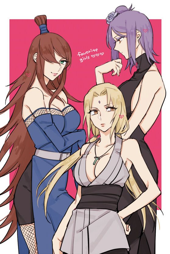 3girls 7mexxx backless blonde_hair blue_hair breasts brown_eyes brown_hair cleavage eyeshadow facial_mark fishnets flower forehead_mark hair_bun hair_flower hair_ornament hair_over_one_eye hair_up hand_on_hip heart jewelry konan large_breasts low_twintails makeup multiple_girls naruto naruto_shippuuden necklace simple_background sleeveless terumi_mei tsunade twintails