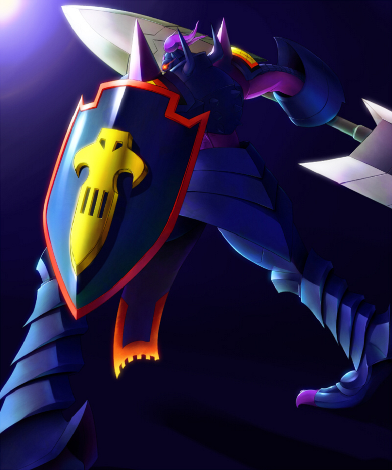 armor bandai craniamon darkness digimon full_armor gradient gradient_background horns kazkazkaz monster no_humans royal_knights solo weapon