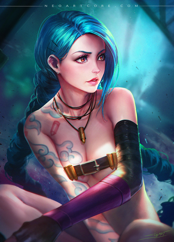 1girl bare_shoulders belt beltbra blue_hair braid breasts bullet cleavage elbow_gloves gloves gotgituey hair_ornament hairclip jewelry jinx_(league_of_legends) league_of_legends lips long_hair looking_to_the_side necklace no_bra no_panties no_underwear nudtawut_thongmai signature single_glove sitting solo tattoo twin_braids upper_body very_long_hair yellow_eyes