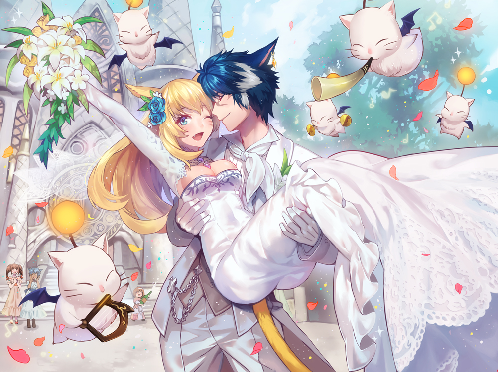 0910popo 1boy 4girls animal_ears blonde_hair blue_hair bouquet breasts carrying cat_ears cat_tail church cleavage cymbals detached_sleeves dress earrings facial_mark fang final_fantasy final_fantasy_xiv flower gloves hair_flower hair_ornament happy harp horn_(instrument) husband_and_wife instrument jewelry lalafell miqo'te moogle multiple_girls musical_note necklace petals princess_carry sparkle suit tail two-tone_hair veil wedding wedding_dress whiskers white_gloves wings wink