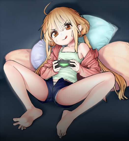 1girl barefoot blonde_hair brown_eyes feet futaba_anzu game_console idolmaster idolmaster_cinderella_girls mabera panties pantyshot pillow playing_games playstation_4 short_shorts shorts soles solo spread_legs spread_toes tank_top toes tongue tongue_out unbuttoned underwear upshorts