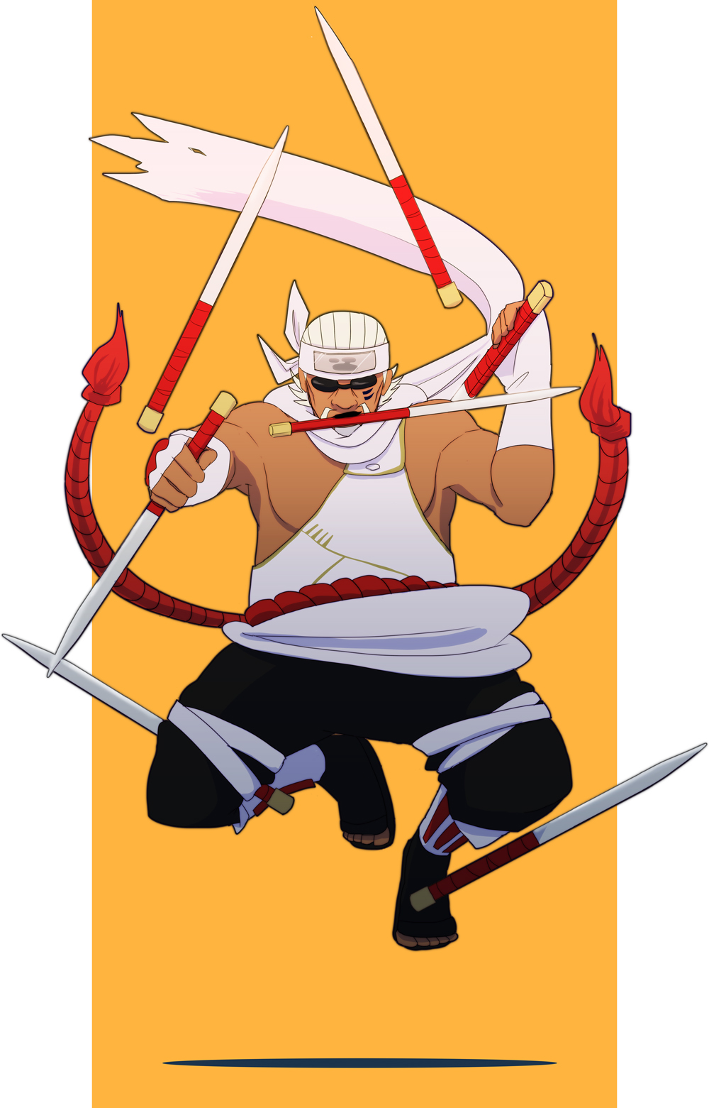 1boy artist_request biceps blonde_hair dark_skin facial_hair fingerless_gloves forehead_protector gloves goatee jumping killer_bee knife midair mouth_hold multiple_wielding naruto naruto_shippuuden rope sash scarf shadow solo sunglasses toeless_legwear white_gloves