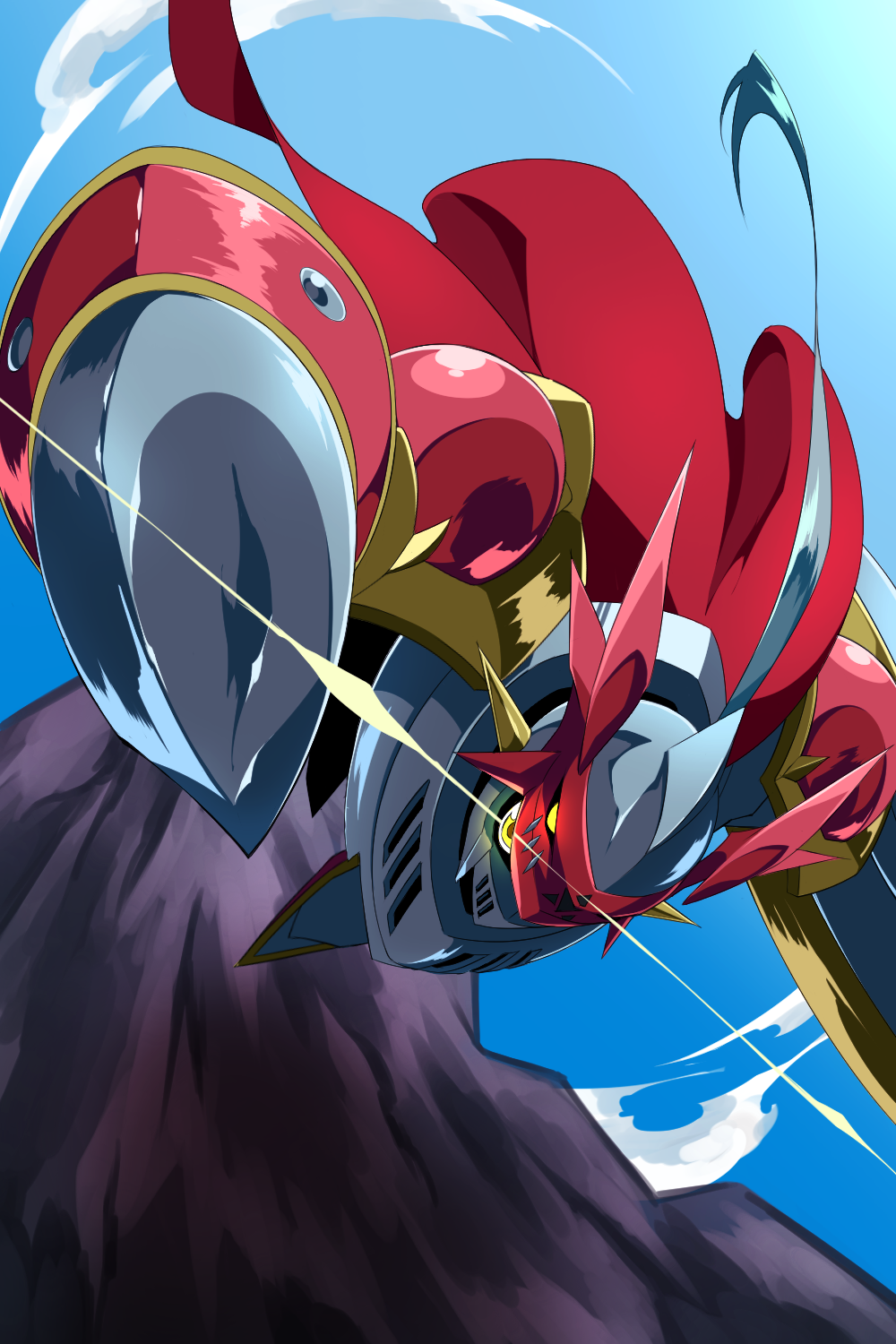armor bandai cape digimon dukemon full_armor highres knight lance mikan_(mkn_0710) monster no_humans polearm royal_knights shield squatting weapon yellow_eyes