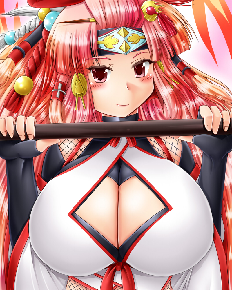 1girl baroque20320514fu blush breasts chiyome_(p&amp;d) cleavage cleavage_cutout huge_breasts long_hair looking_at_viewer puzzle_&amp;_dragons red_eyes redhead smile solo upper_body