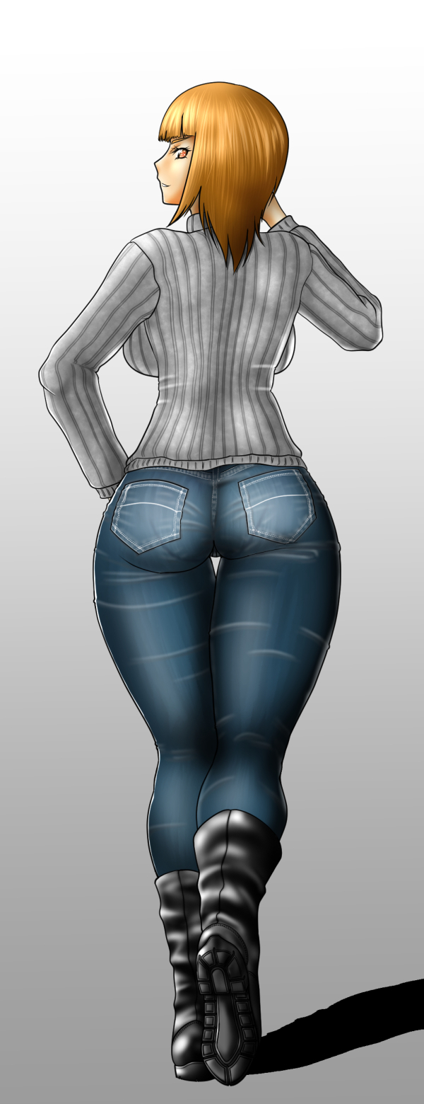 1girl ass backboob boots breasts denim female from_behind jeans large_breasts long_hair looking_back matching_hair/eyes orange_eyes orange_hair original pants pantylines ribbed_sweater saru_panitumu shadow smile solo sweater thigh_gap wide_hips