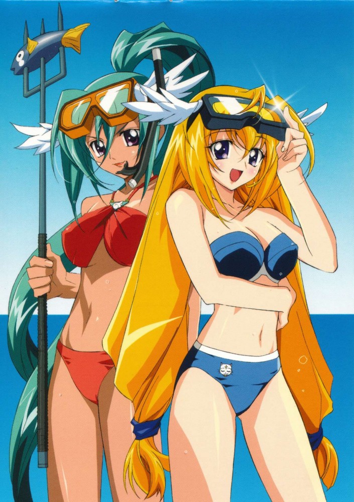 00s bikini blonde_hair goggles green_hair head_wings hydra_(ufo_princess_valkyrie) long_hair pitch_fork ponytail swimsuit tied_hair twintails ufo_princess_valkyrie valkyrie_(ufo_princess_valkyrie) violet_eyes