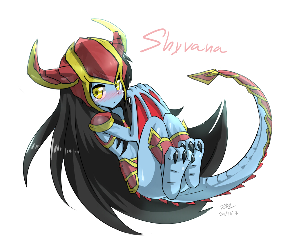 armor barefoot black_hair blue_skin blush character_name closed_mouth date horns league_of_legends long_hair looking_at_viewer midriff shyvana simple_background sollyz tail white_background wings yellow_eyes