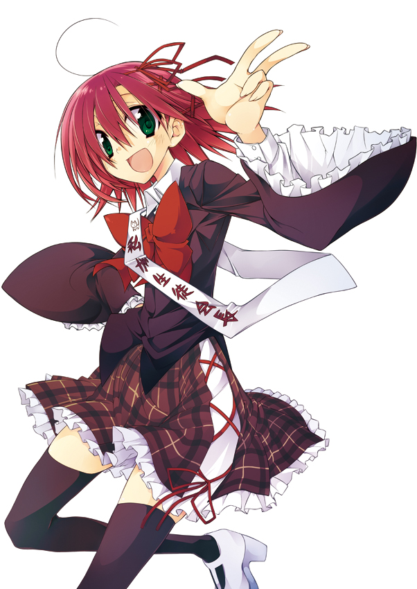 ahoge black_legwear black_thighhighs bow foreshortening gradient_hair green_eyes hair_ornament hair_ribbon hands laughing miniskirt multicolored_hair open_mouth original plaid plaid_skirt pleated_skirt red_hair redhead ribbon seitokai_no_ichizon shoes short_hair simple_background skirt smile solo standing tartan thigh-highs thighhighs v wide_sleeves zettai_ryouiki