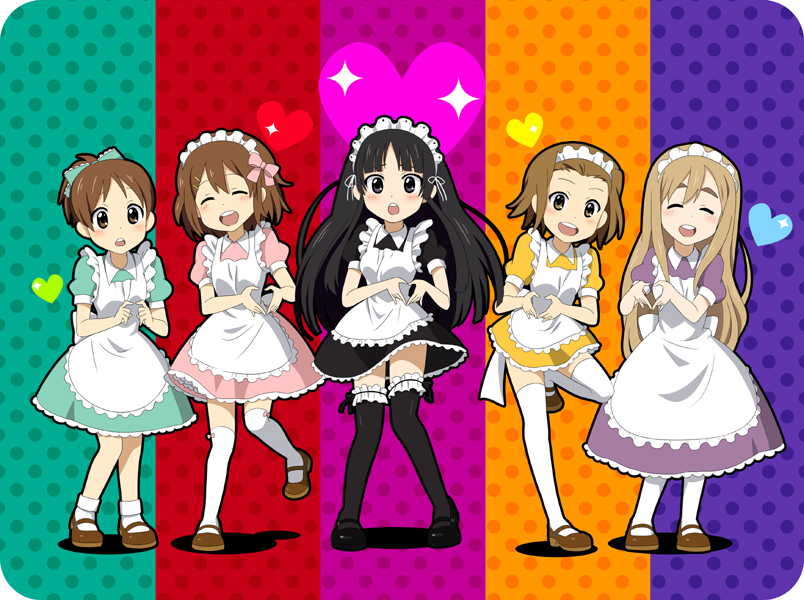 akiyama_mio alternate_costume apron black_eyes black_hair blonde_hair bow brown_eyes brown_hair closed_eyes enmaided garters hair_bow hairband heart heart_hands hirasawa_ui hirasawa_yui k-on! kotobuki_tsumugi long_hair maid maid_headdress moe_moe_kyun! multiple_girls short_hair sumii_(fumiki7) tainaka_ritsu thigh-highs thighhighs zettai_ryouiki