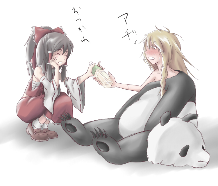 2girls animal_costume ao_usagi blonde_hair blush bottle braid brown_hair cosplay detached_sleeves hakurei_reimu intermission kigurumi kirisame_marisa multiple_girls panda panda_costume sarashi sweat touhou translated water_bottle