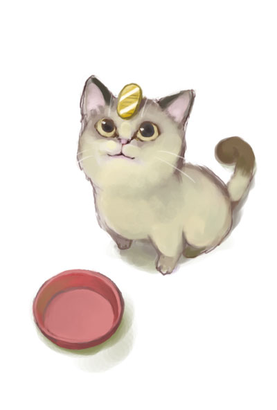 animal animal_ears bowl cat cat_ears cat_focus coin from_above looking_up meowth no_humans pekako pet_bowl pokemon pokemon_(creature) realistic simple_background solo tail whiskers white_background yellow_eyes