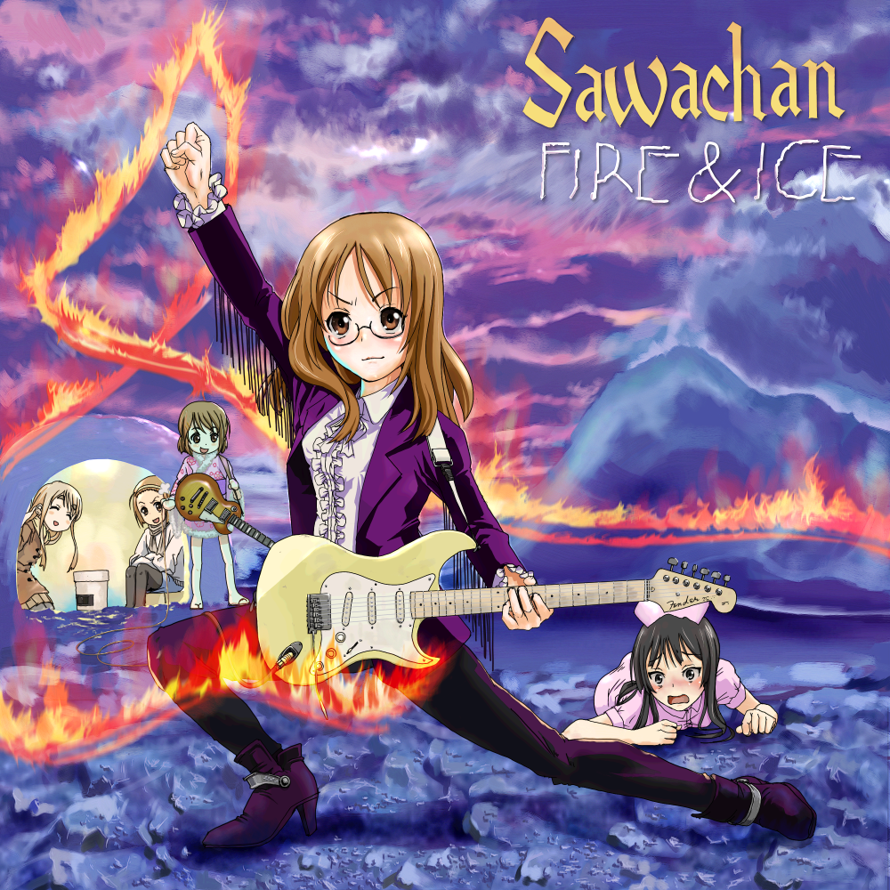 akiyama_mio album_cover amon_(mulciber) black_hair blazer blonde_hair blush boots brown_hair cosplay cover fire formal frills fringe glasses guitar hairband heavy_metal hirasawa_yui igloo instrument k-on! kotobuki_tsumugi les_paul long_hair multiple_girls nurse pant_suit pantyhose parody pose short_hair strat(guitar) suit tainaka_ritsu teacher yamanaka_sawako yngwie_malmsteen yngwie_malmsteen_(cosplay)