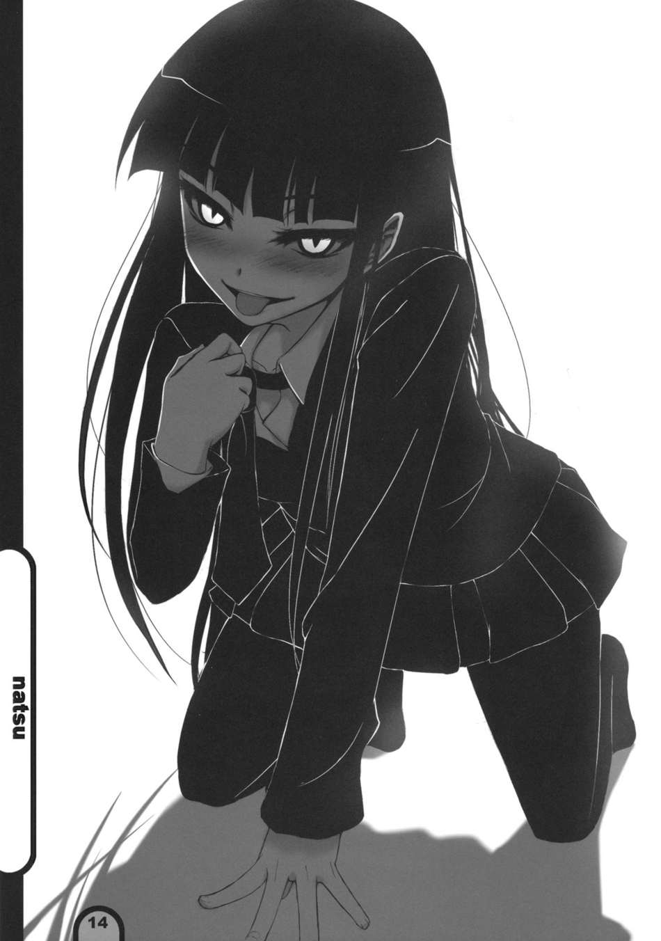 aoi_manabu bangs black_hair blazer blunt_bangs blush cat_eyes female_protagonist_(houkago_play) foreshortening highres hime_cut houkago_play long_hair miniskirt monochrome naughty_face necktie pantyhose payot pleated_skirt school_uniform simple_background skirt slit_pupils smile solo tongue undressing very_long_hair