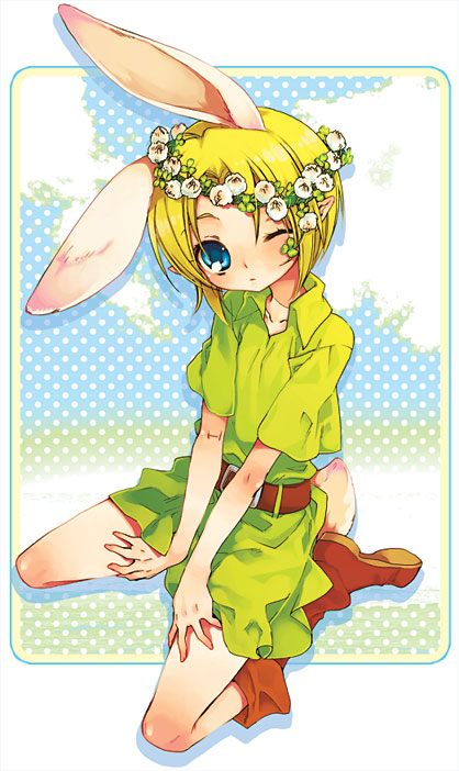 animal_ears blonde_hair blue_eyes blush bunny_ears bunny_tail kneeling link male mitsubachi_koucha rabbit_ears short_hair tail the_legend_of_zelda trap