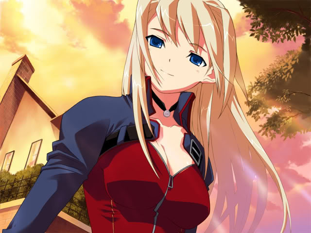 artist_request blonde_hair blue_eyes character_request choker jacket outside sky smile source_request sunset tree