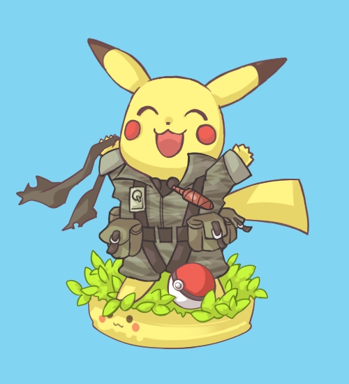 blue_background cameo clothed_pokemon costume faux_figurine holding mayuzumi metal_gear_(series) metal_gear_solid no_humans parody pikachu pikachu_(cameo) poke_ball pokemon pokemon_(creature) simple_background solo themed_object