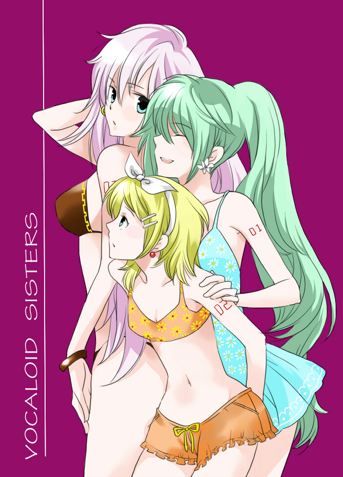 bikini blonde_hair blue_eyes hatsune_miku kagamine_rin long_hair megurine_luka pink_hair short_hair swimsuit vocaloid