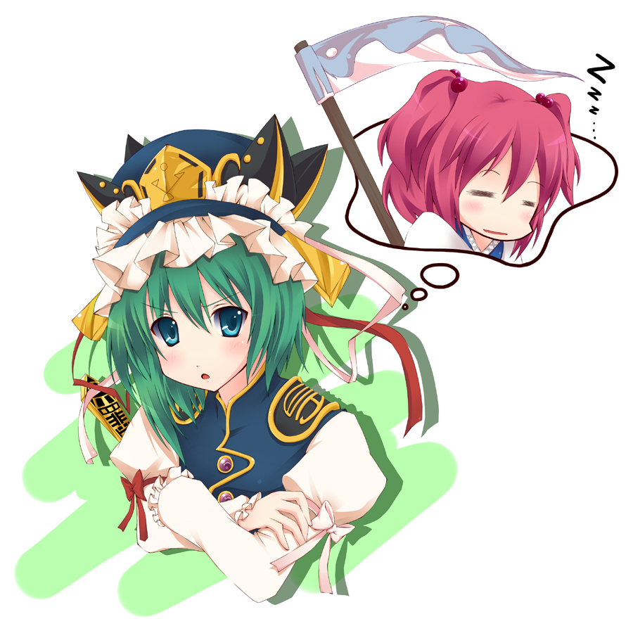 blue_eyes green_hair hat onozuka_komachi pink_hair rod_of_remorse scythe shikieiki_yamaxanadu short_hair touhou yuurakudou_kurono