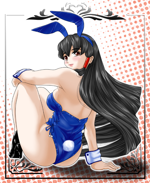 arm_support ass bare_legs black_hair brown_eyes bunny_ears bunnysuit long_hair looking_back original pekepeke rabbit_ears sitting wedgie