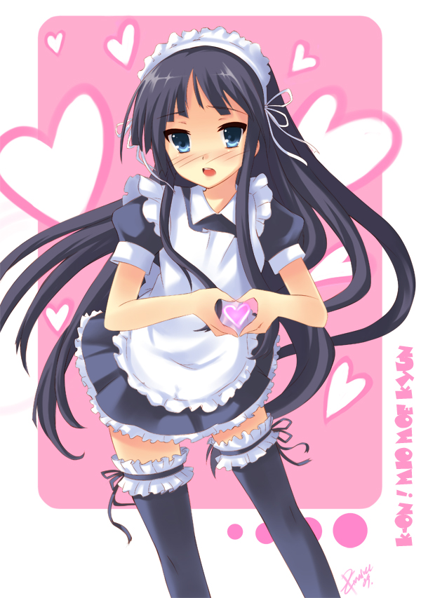 alternate_costume apron bad_id bangs black_hair blue_eyes blunt_bangs blush dress enmaided garters hairband heart heart_hands hime_cut k-on! long_hair maid maid_headdress moe_moe_kyun! pcmaniac88 solo thigh-highs thighhighs zettai_ryouiki