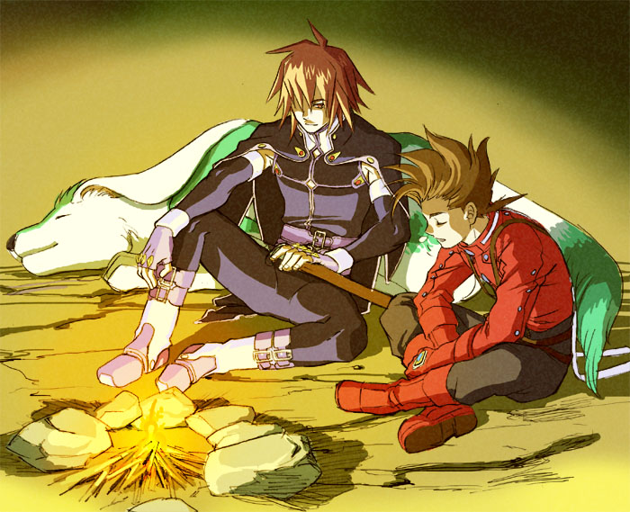 brown_hair closed_eyes dog fire jacket kratos_aurion lloyd_irving male multiple_boys noishe red_eyes red_hair redhead shimabara short_hair sleeping sword tales_of_(series) tales_of_symphonia weapon