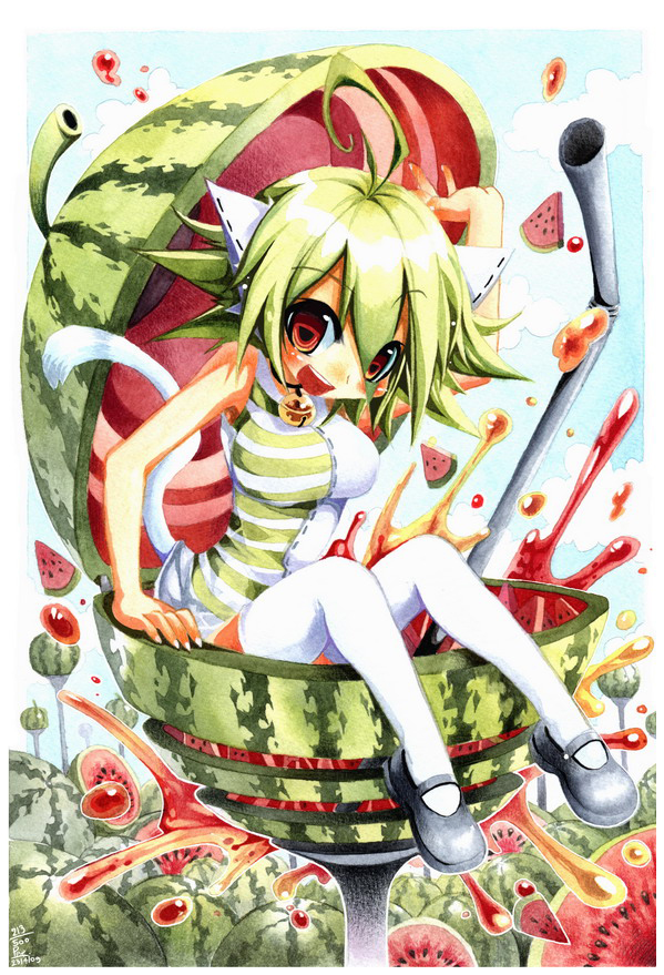 :d animal_ears animal_tail bell_collar blush cat_ears cat_tail emperpep emperpep_(artist) food fruit green_hair in_food open_mouth red_eyes solo straw tail thigh-highs thighhighs watermelon what