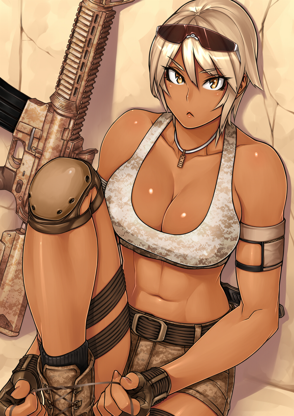 abs assault_rifle athletic bare_shoulders belt blonde_hair boots breasts cleavage collarbone dark_skin digital_camouflage fingerless_gloves gloves gun highres jewelry knee_pads large_breasts m4_carbine midriff military muscle navel necklace original real_xxiii real_xxiii's_dark_skinned_girl rifle shiny shiny_skin short_hair shorts sitting solo sunglasses tan tank_top thigh_strap tying weapon yellow_eyes