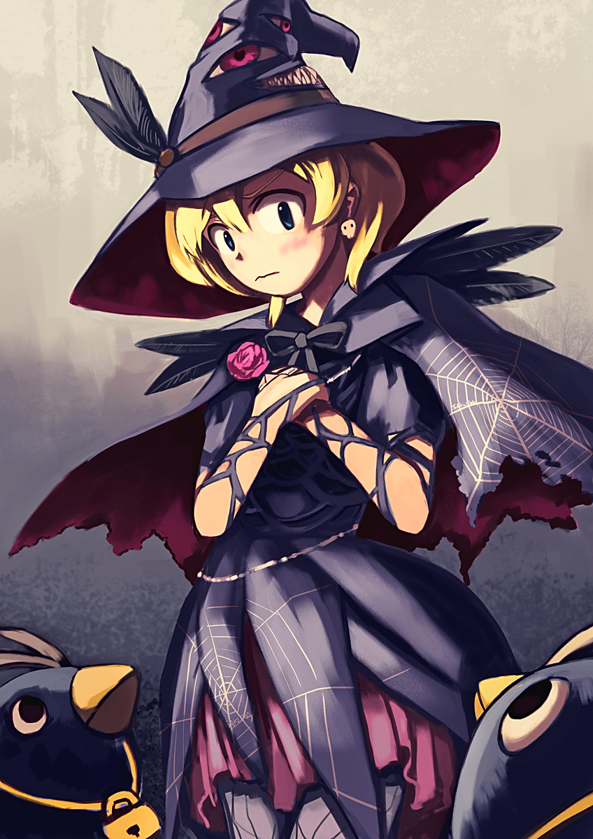blonde_hair blue_eyes blush cape deathsmiles earrings feathers flower hat highres hirosato jewelry penguin rose sakura_(deathsmiles) short_hair skull torn_clothes witch witch_hat