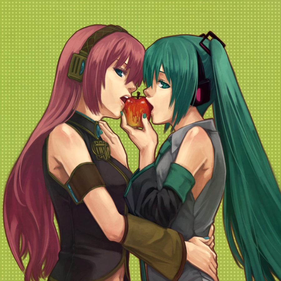 apple blue_eyes detached_sleeves food fruit green_eyes green_hair hatsune_miku headphones holding holding_fruit long_hair megurine_luka midriff nail_polish navel necktie pink_hair twintails vocaloid