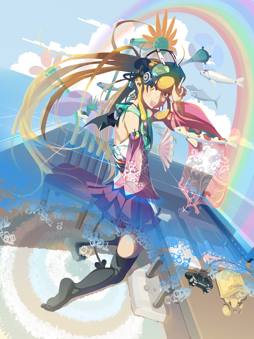 black_thighhighs blonde_hair brown_hair demon_girl detached_sleeves earrings fang fish flower from_behind games highres horns jewelry kneeling laughing long_hair looking_back miniskirt multicolored_hair pixelation playstation pleated_skirt ps2 psychedelic rainbow skirt skirt_lift sky smile solo tail thigh-highs thighhighs two-tone_hair very_long_hair visor vofan wings yellow_eyes zettai_ryouiki
