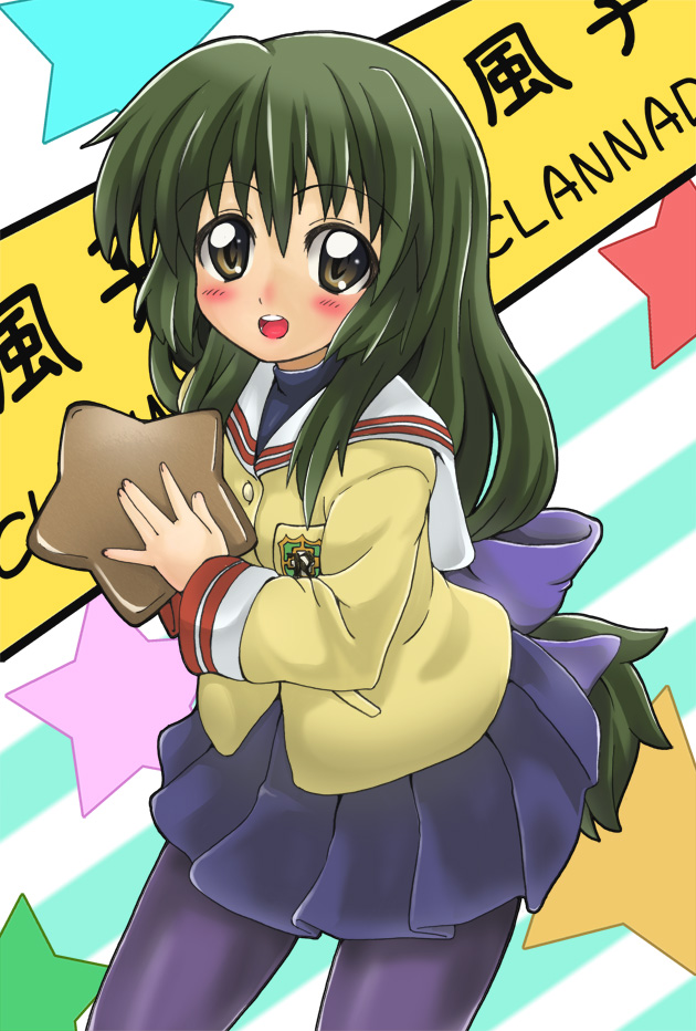 clannad green_hair ibuki_fuuko inarii long_hair open_mouth pantyhose school_uniform starfish teeth