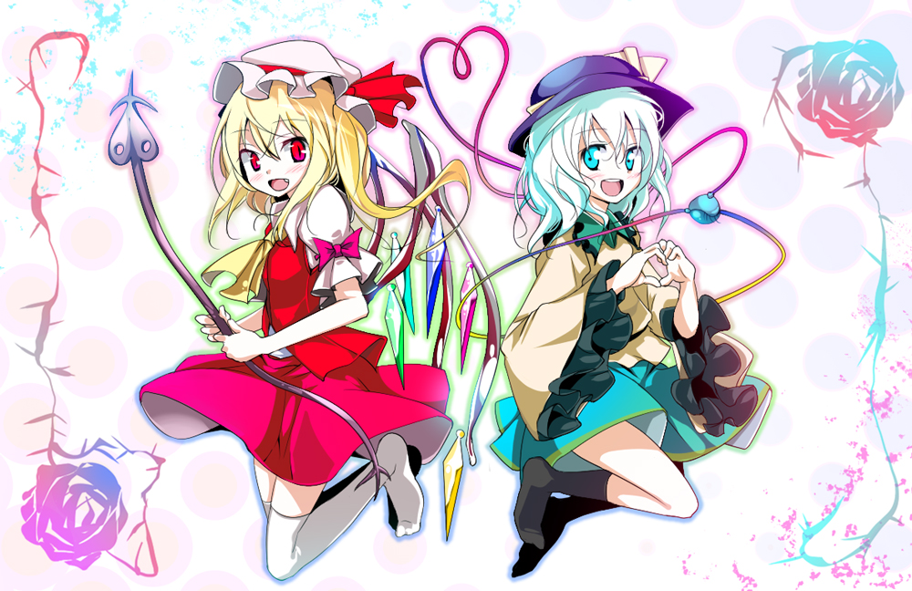 blonde_hair blue_eyes fang flandre_scarlet flower hat jumping komeiji_koishi laughing long_hair miniskirt multiple_girls open_mouth red_eyes ribbon short_hair skirt smile socks thigh-highs thighhighs touhou usotsukiya vest white_hair white_legwear white_thighhighs wide_sleeves wings zettai_ryouiki