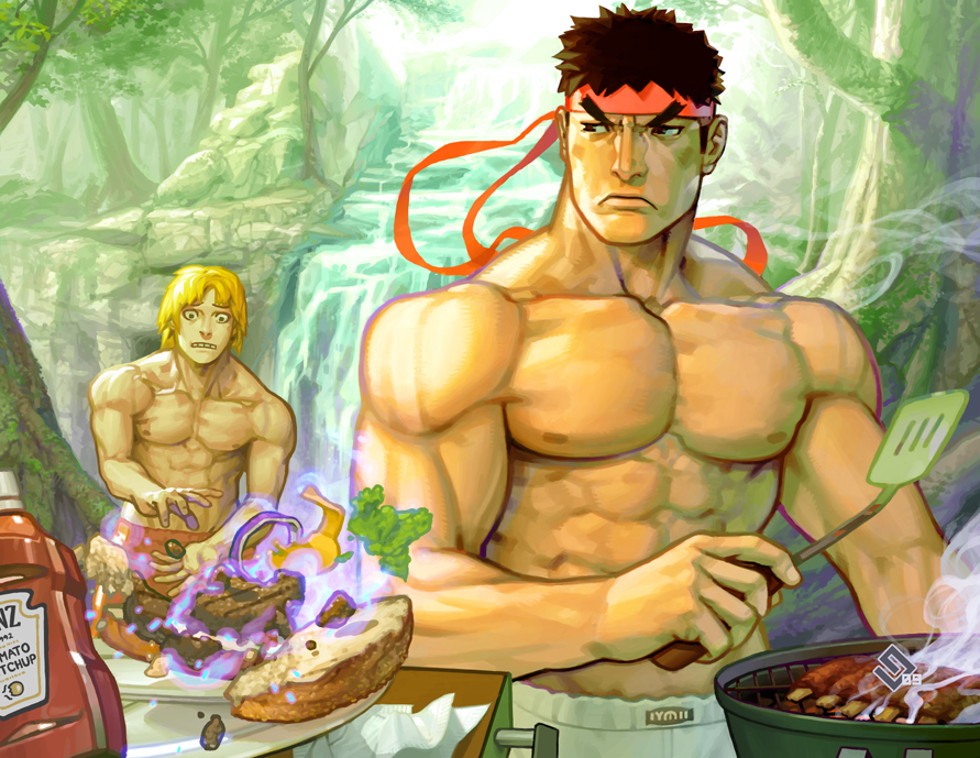 angry blonde_hair cheese commentary food frown gammon grill hadouken hamburger headband heinz ken_masters ketchup lettuce male manly muscle ryuu_(street_fighter) shirtless short_hair spatula street_fighter water waterfall