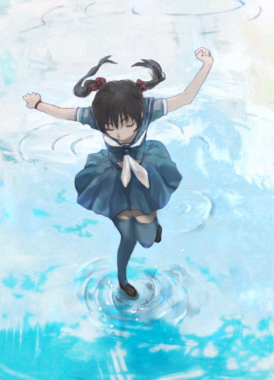 blue_thighhighs brown_hair closed_eyes from_above hair_bobbles hair_ornament highres miniskirt nimirom original pleated_skirt puddle school_uniform serafuku shoes skirt smile solo standing thigh-highs thighhighs twintails water wristband wristbands zettai_ryouiki