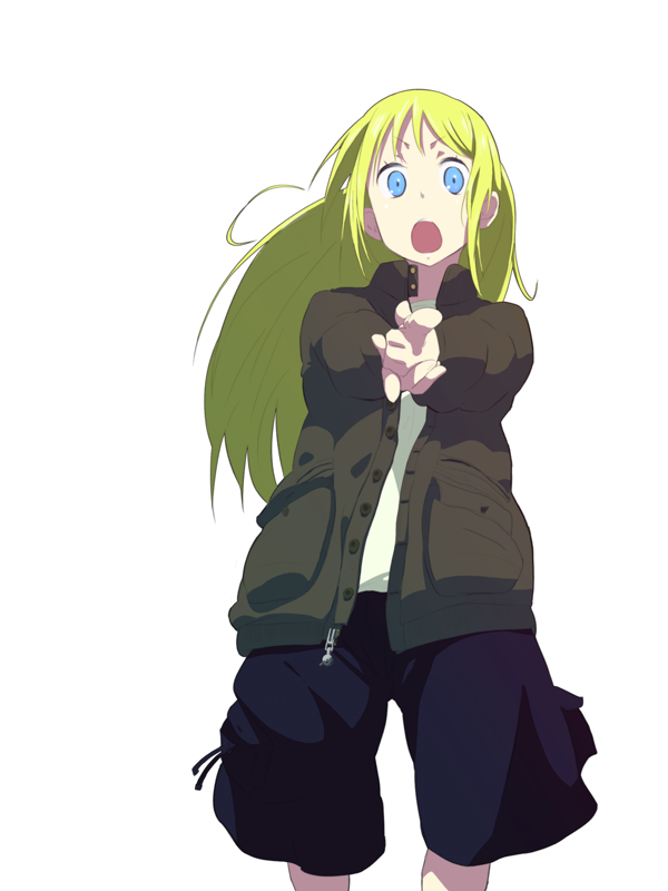 :o bang blonde_hair blue_eyes coat finger_gun ichigo_mashimaro iku_ki long_hair shorts surprise surprised unzipped