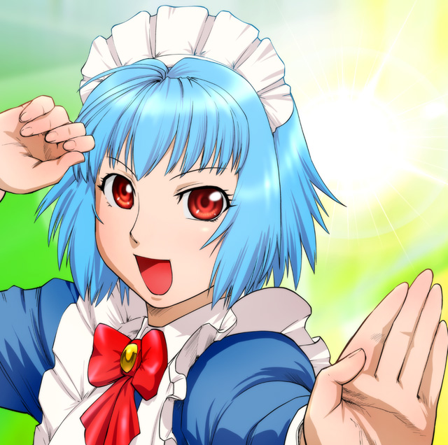 blue_hair dorae_tachibana_doryayev fighting_stance foreshortening hands maid red_eyes short_hair solo tsumanuda_fight_town ueyama_michirou