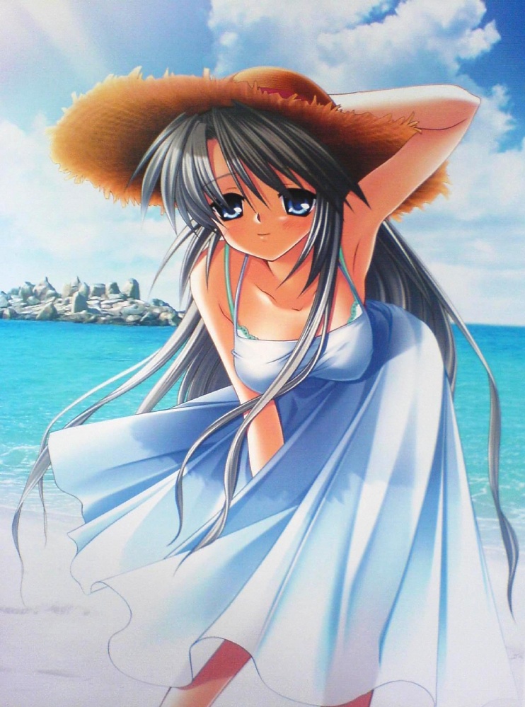 beach blue_eyes clannad dress hat hinoue_itaru jpeg_artifacts long_hair sakagami_tomoyo silver_hair summer_dress sundress