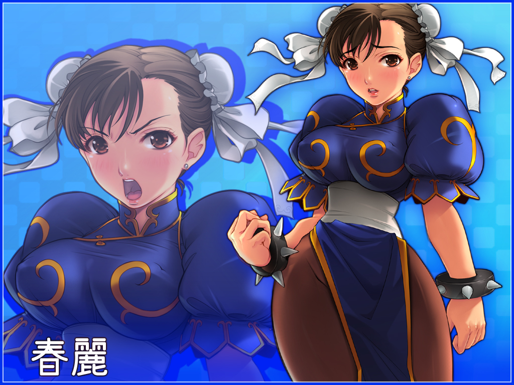 1024x768 1girl bad_id blush bracelet breasts brown_eyes brown_hair bun_cover china_dress chinadress chinese_clothes chun-li double_bun earrings feet_out_of_frame female gold_trim jewelry large_breasts open_mouth pantyhose parted_lips pelvic_curtain puffy_short_sleeves puffy_sleeves sash solo spiked_bracelet spikes standing street_fighter wallpaper yoko_juusuke yoko_jyusuke zoom_layer