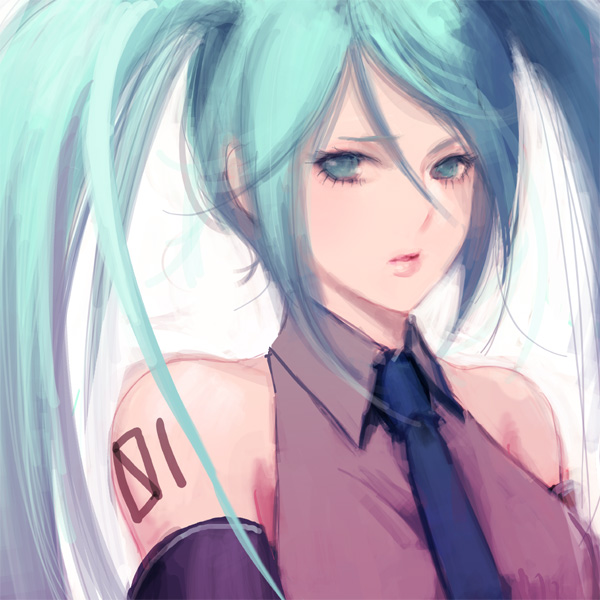 bare_shoulders bust detached_sleeves face green_eyes green_hair hatsune_miku long_hair necktie portrait twintails ueda_toraji vocaloid