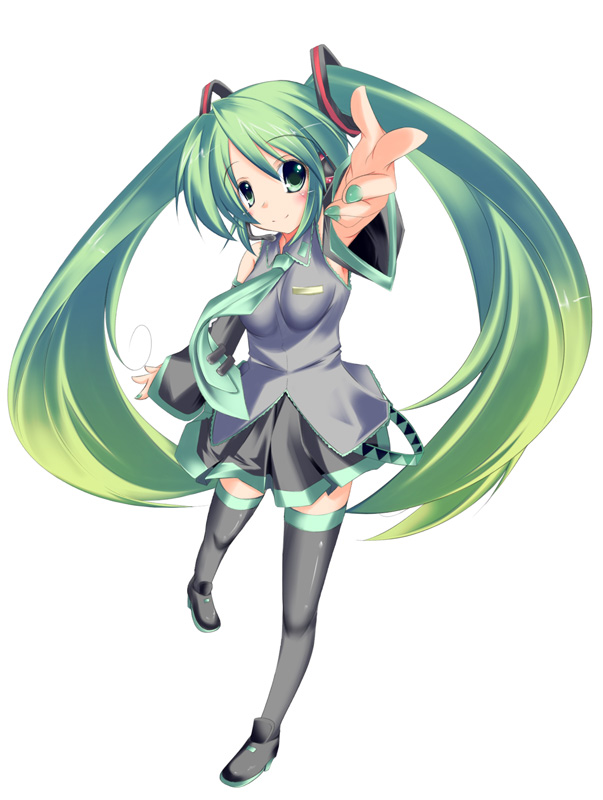 beckon detached_sleeves foreshortening green_eyes green_hair hair_ornament hands hatsune_miku headphones hime_cut long_hair miniskirt necktie payot pleated_skirt plus9 simple_background skirt smile solo standing thigh-highs thighhighs twintails very_long_hair vocaloid zettai_ryouiki