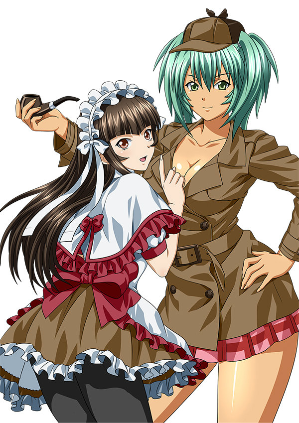 00s 2girls breasts brown_eyes brown_hair cleavage female green_eyes green_hair ikkitousen large_breasts long_hair looking_at_viewer multiple_girls official_art open_mouth ryofu_housen simple_background smile standing ten'i_(ikkitousen) twintails white_background