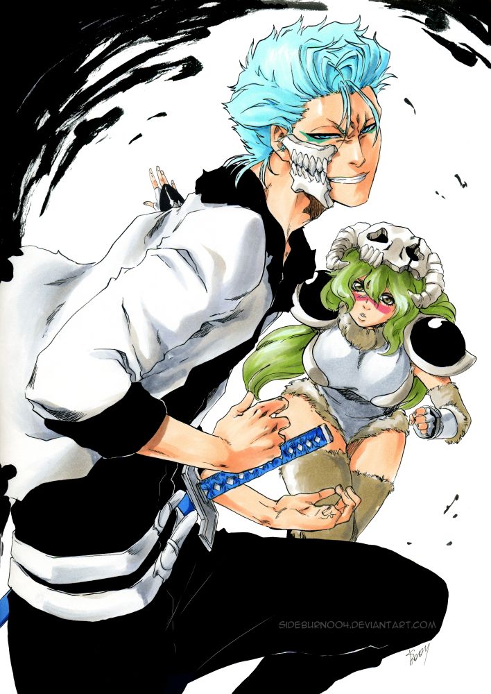 1boy 1girl arrancar bleach blue_eyes blue_hair espada fingernails fingers green_hair grimmjow_jaegerjaquez hands male_focus nelliel_tu_odelschwanck sword tagme thick_thighs thighs wavy_hair weapon white_background