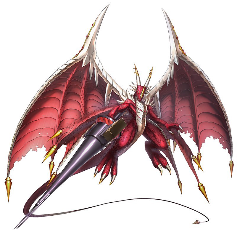 bandai claws digimon digimon_story:_cyber_sleuth dragon examon horns monster no_humans official_art royal_knights simple_background solo spear tail weapon wings yasuda_suzuhito