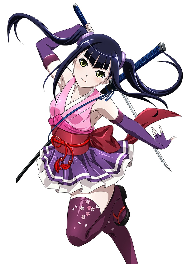 1girl black_hair cosplay female ikkitousen katana legwear long_hair ninja official_art saji_genpou_(true) smile sword twintails weapon