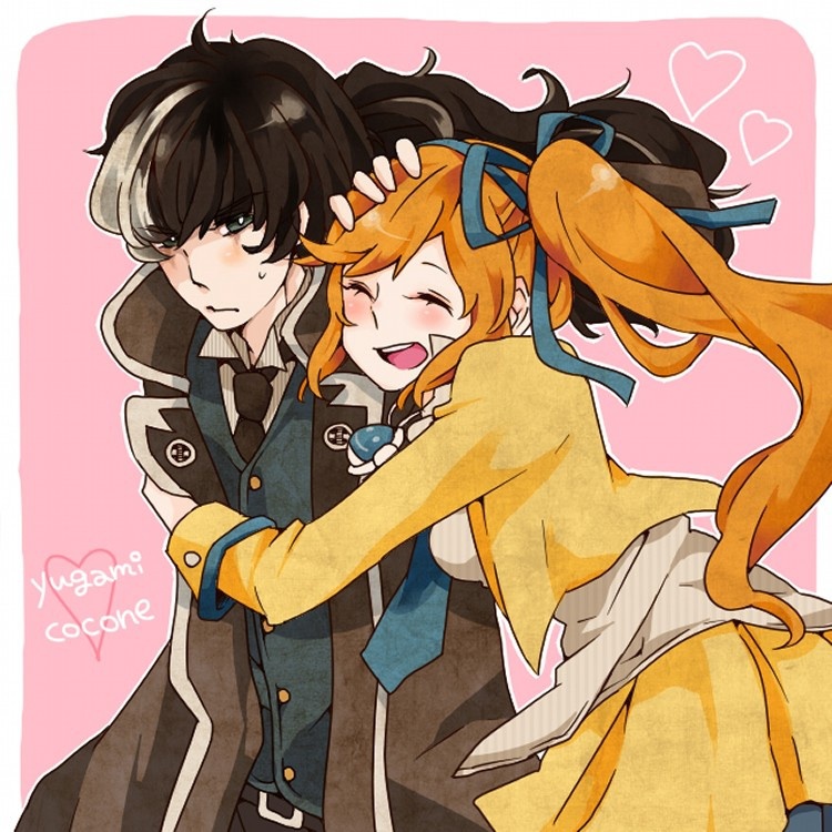 &lt;3 arm_grab black_hair bow couple gyakuten_saiban gyakuten_saiban_5 hair_ornament hand_on_head hug kizuki_kokone multicolored_hair orange_hair ponytail yuugami_jin