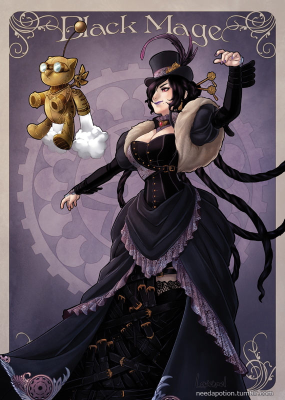 1girl belt black_hair braid breasts cleavage dress final_fantasy final_fantasy_x fur_trim hair_over_one_eye lowenael lulu_(final_fantasy) moogle multiple_braids solo steampunk top_hat