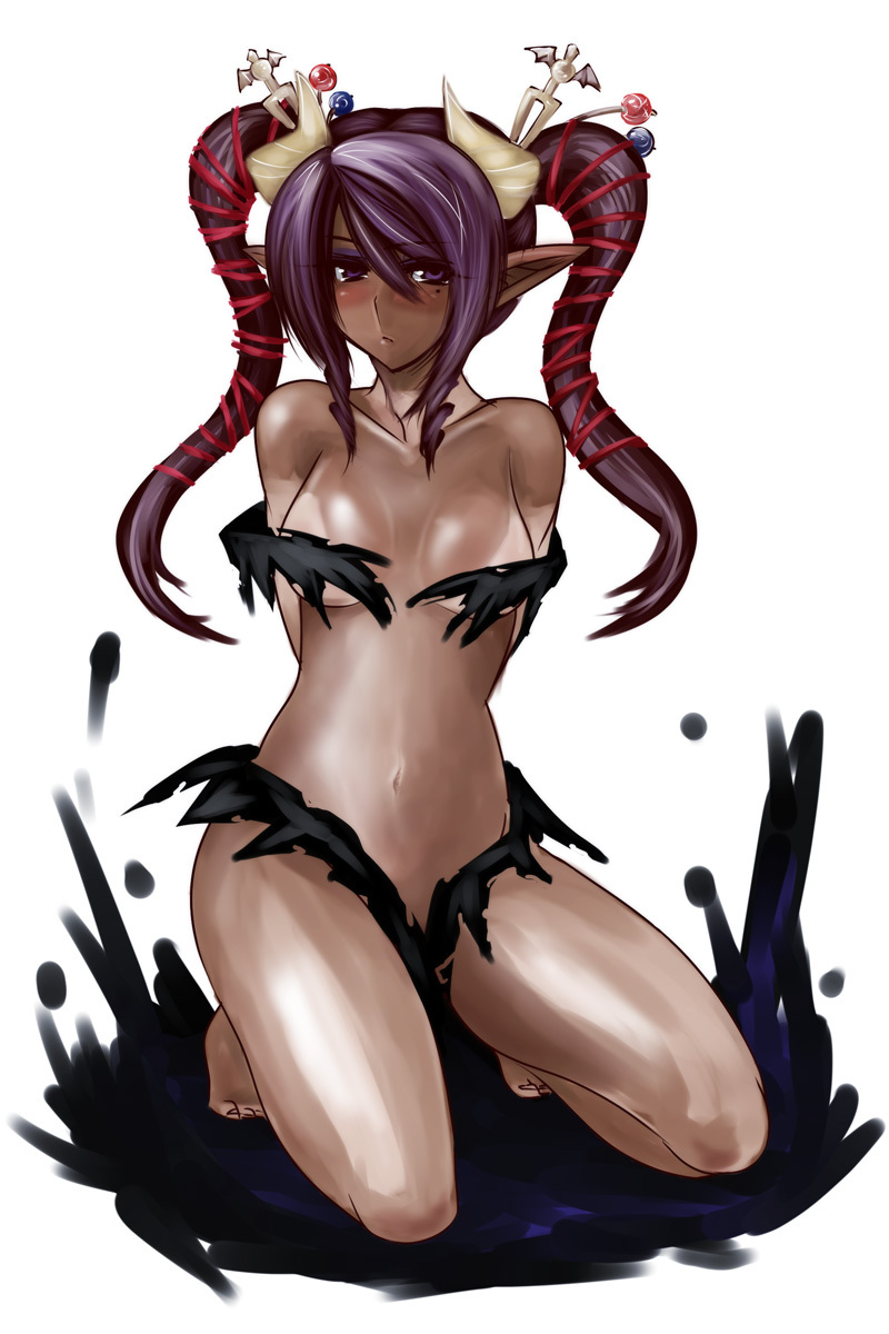 1girl bandai bare_legs bare_shoulders barefoot breasts dark_skin darkness demon demon_girl digimon digimon_xros_wars female fusion horn large_breasts legs lilithmon seven_great_demon_lords shademon shadow solo succubus twintails