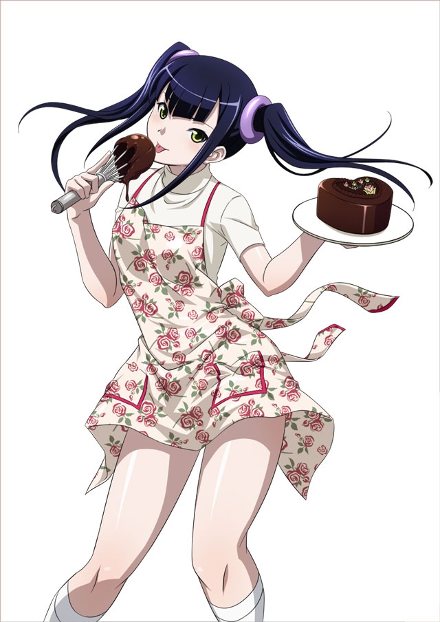 00s 1girl apron black_hair chocolate chocolate_heart female hair_ornament happy heart holding ikkitousen kneehighs licking long_hair looking_at_viewer official_art saji_genpou_(true) simple_background smile solo tongue tongue_out twintails white_background white_legwear yellow_eyes