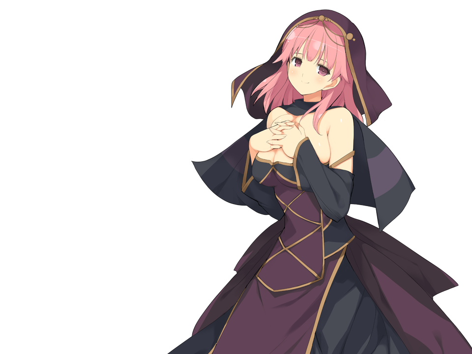 1girl bare_shoulders blush breasts cape cleavage dress evenicle female game_cg hands_on_breasts hands_on_own_chest hood large_breasts legs looking_at_viewer pink_hair short_hair simple_background smile solo standing thighs violet_eyes yaegashi_nan